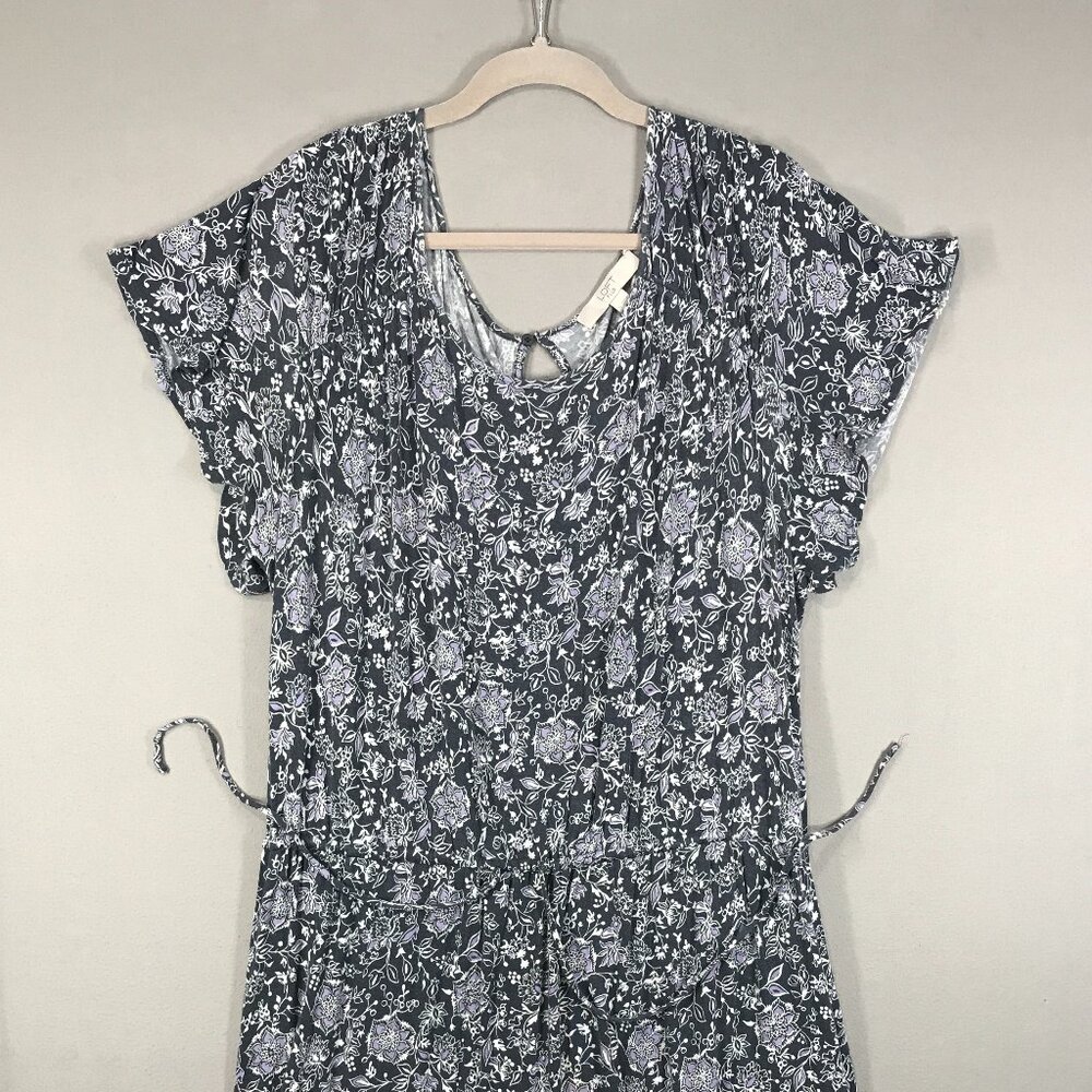 Loft Plus Dress Womens 20 Blue Purple Floral Popover Midi Cap Sleeve Jersey Knit